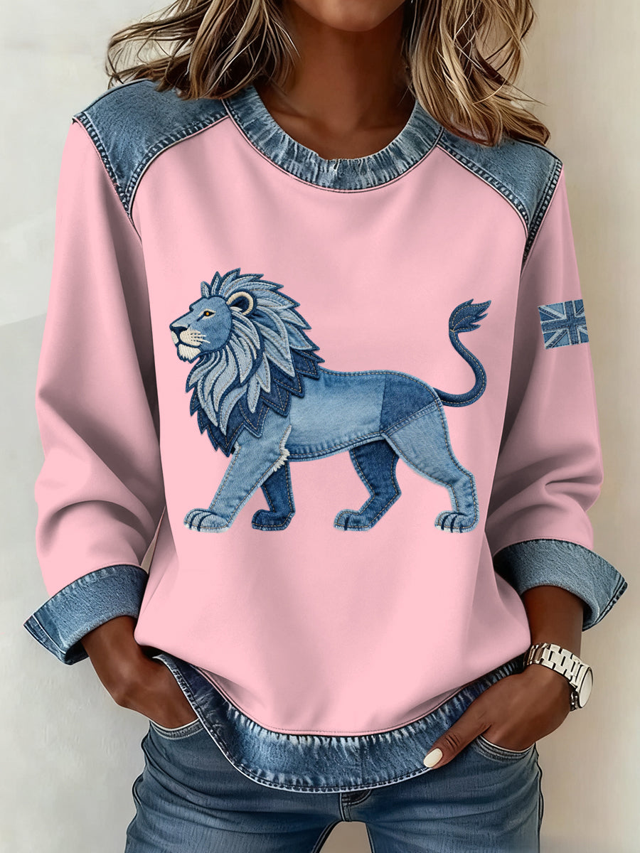 Women's British Style Denim Lion Patchwork Art Sweatshirt