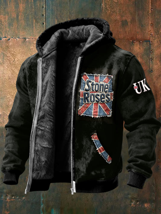 Men's The Stone Rose Print British Flag Fleece-Lined Jacket