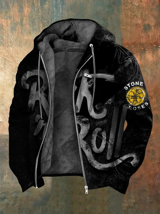 Men's Sleek Black Rock 'n' Roll The Stone Roses Print Hooded Jacket