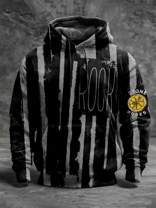 Men's Edgy Striped "Rock" The Stone Roses Print Hoodie