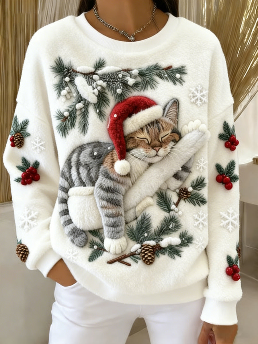 Women's Cute Christmas Cat Art Print Casual Flannel Hoodie