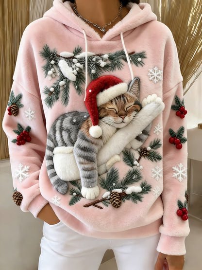 Women's Cute Christmas Cat Art Print Casual Flannel Hoodie