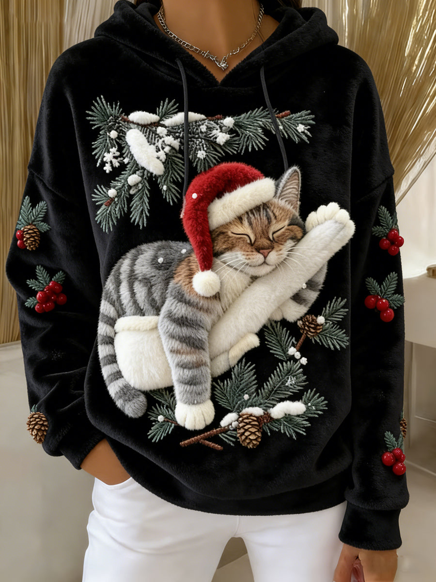Women's Cute Christmas Cat Art Print Casual Flannel Hoodie