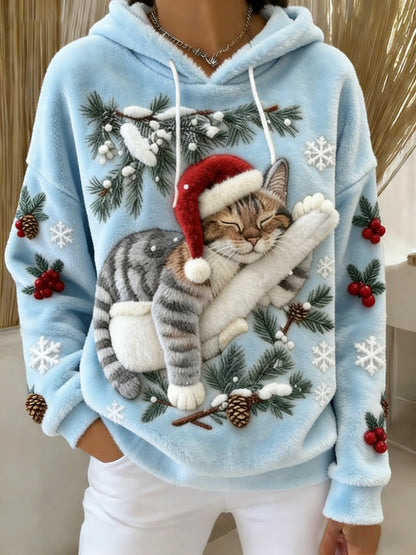 Women's Cute Christmas Cat Art Print Casual Flannel Hoodie