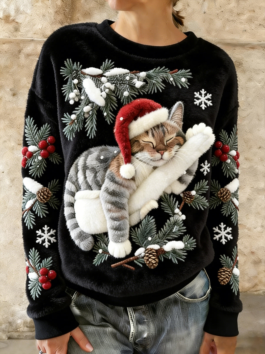 Women's Cute Christmas Cat Art Print Casual Flannel Hoodie