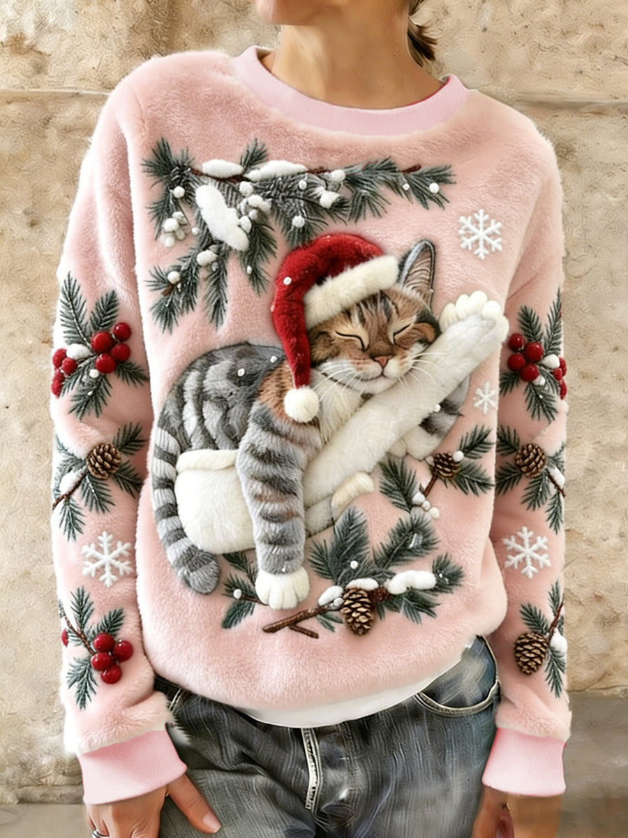 Women's Cute Christmas Cat Art Print Casual Flannel Hoodie