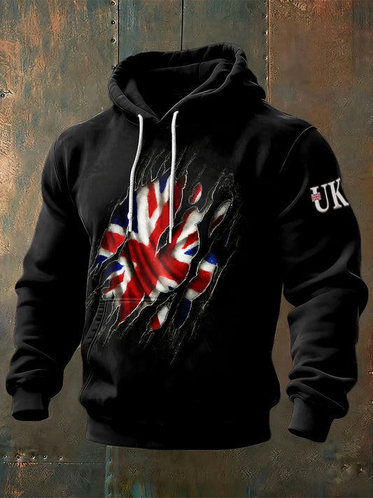 Men's British Flag Print Vintage Black Hooded Sweatshirt