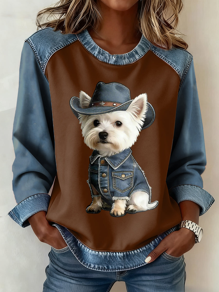 Women's Animal Lover Dog Print Denim Patchwork Top