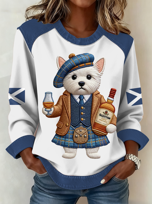 Women's Scottish Flag West Highland White Terrier Print Patchwork Top