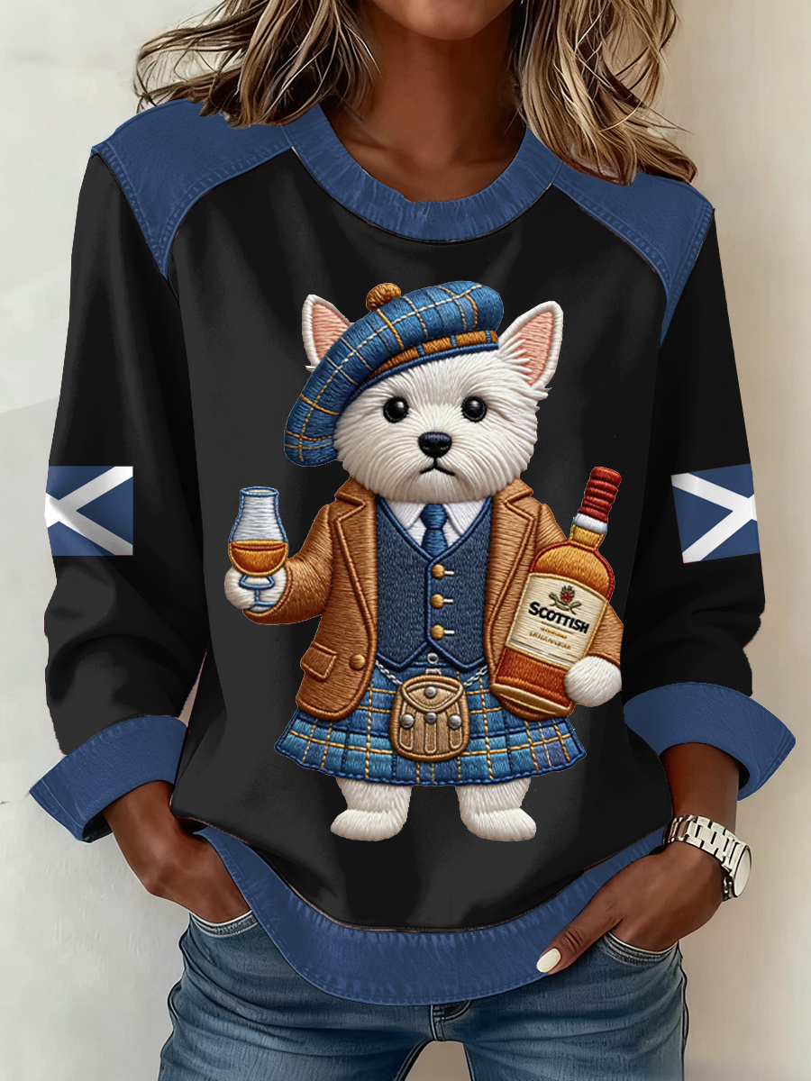 Women's Scottish Flag West Highland White Terrier Print Patchwork Top