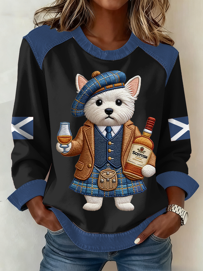 Women's Scottish Flag West Highland White Terrier Print Patchwork Top