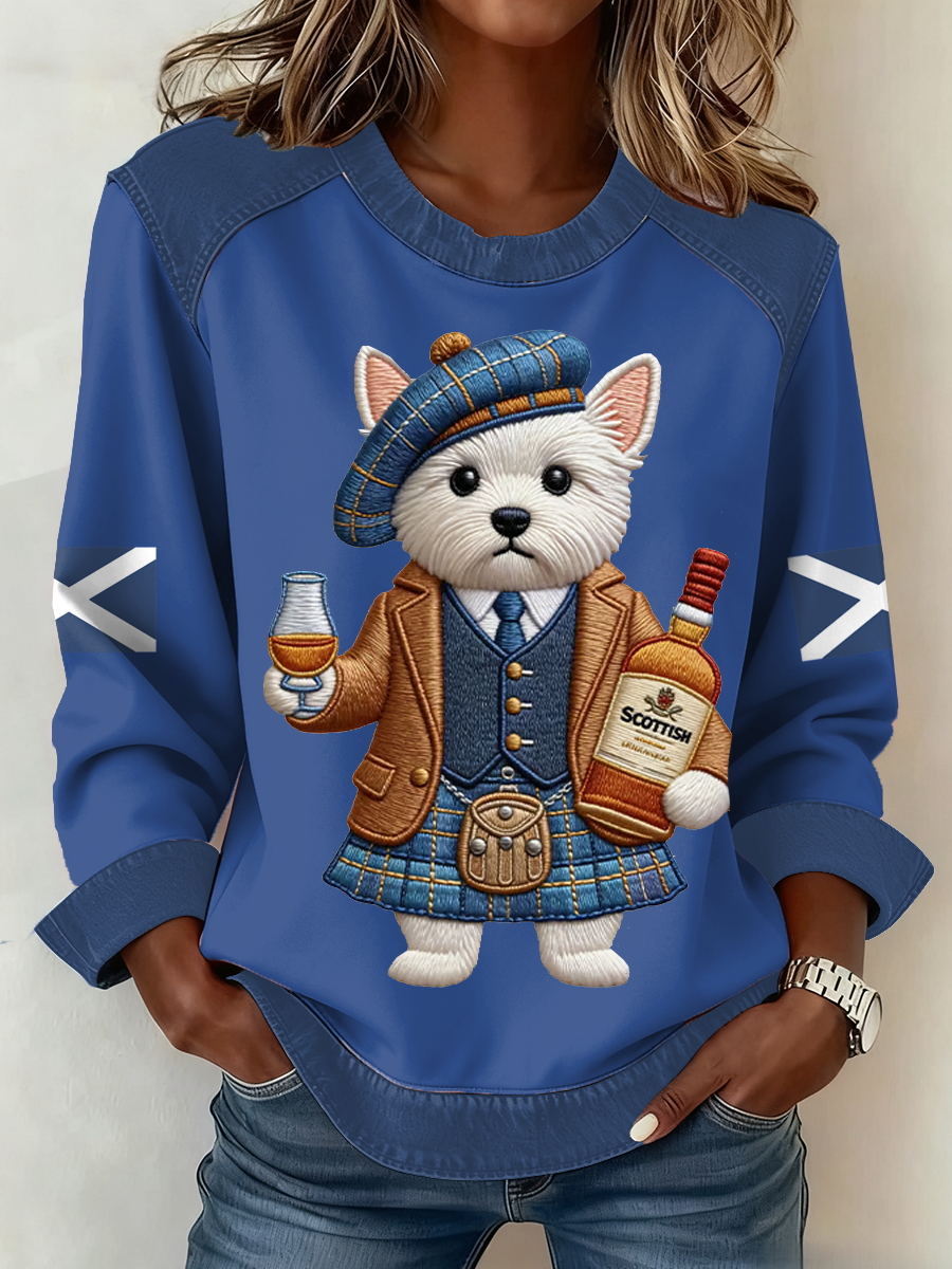 Women's Scottish Flag West Highland White Terrier Print Patchwork Top
