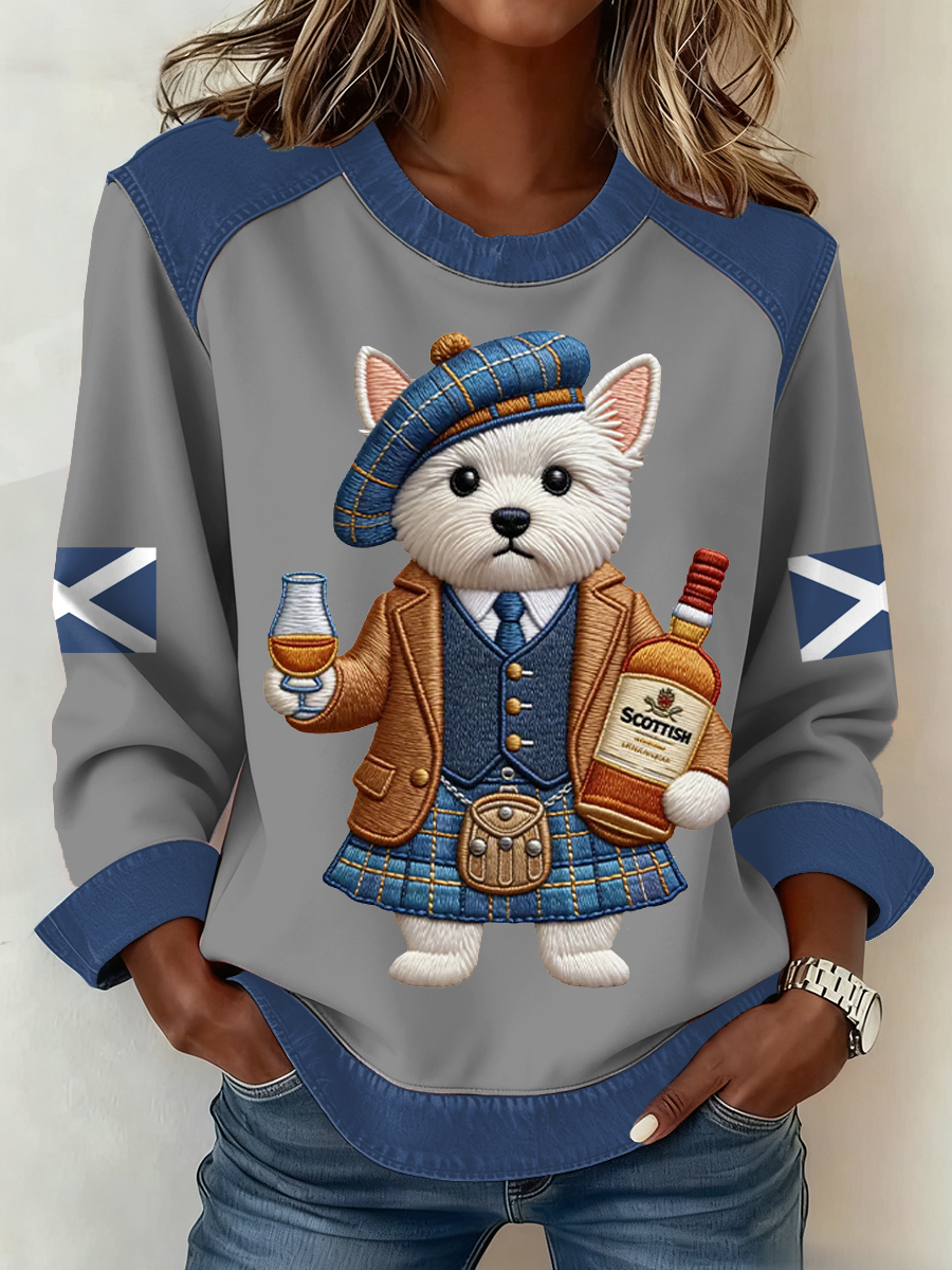 Women's Scottish Flag West Highland White Terrier Print Patchwork Top