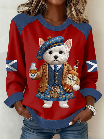 Women's Scottish Flag West Highland White Terrier Print Patchwork Top