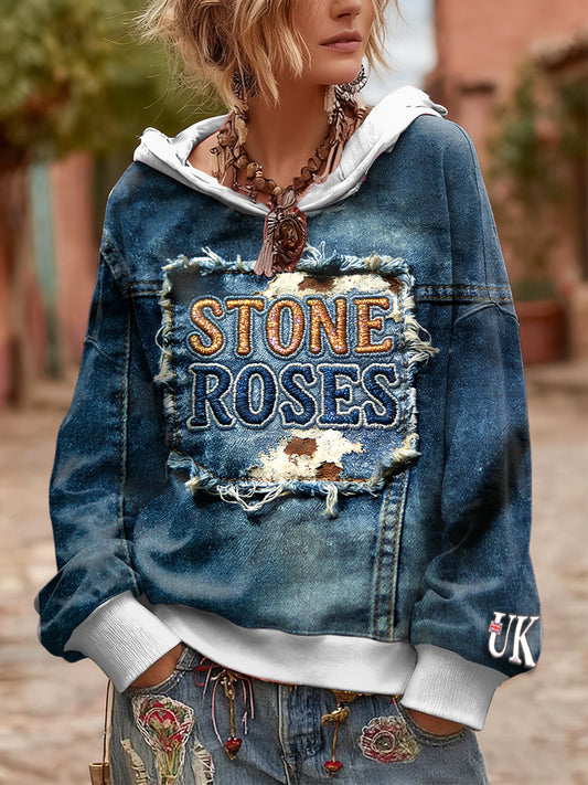 Women's British The Stone Rose Imitation Denim Patchwork Hooded Sweatshirt