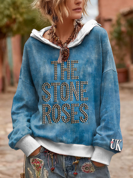 Women's British The Stone Rose Imitation Denim Print Hooded Sweatshirt