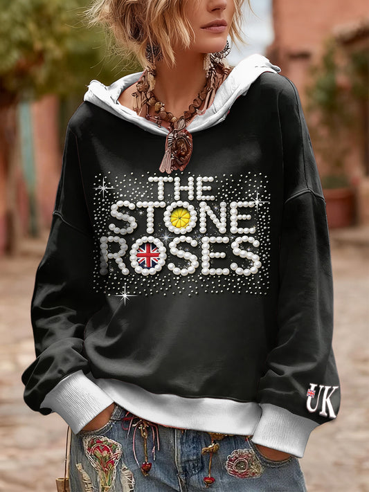 Women's British The Stone Rose Pearl Print Black Hooded Sweatshirt