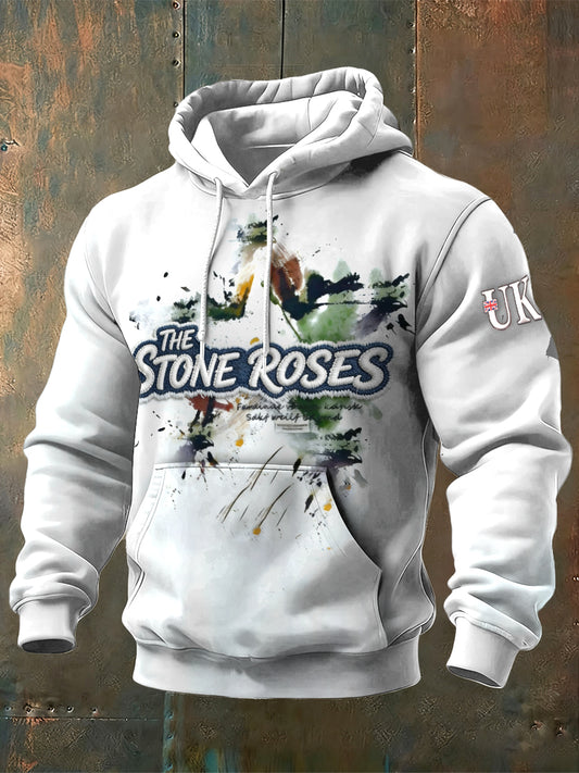 Men's British The Stone Rose Print Grey-White Hooded Sweatshirt