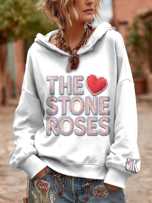 Women's British The Stone Rose Heart Print White Sweatshirt