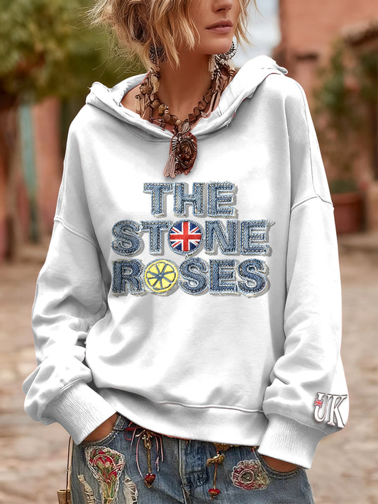 Women's British The Stone Rose Denim Print White Hooded Sweatshirt