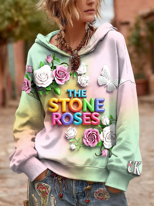 Women's British The Stone Rose Floral Print Hooded Sweatshirt