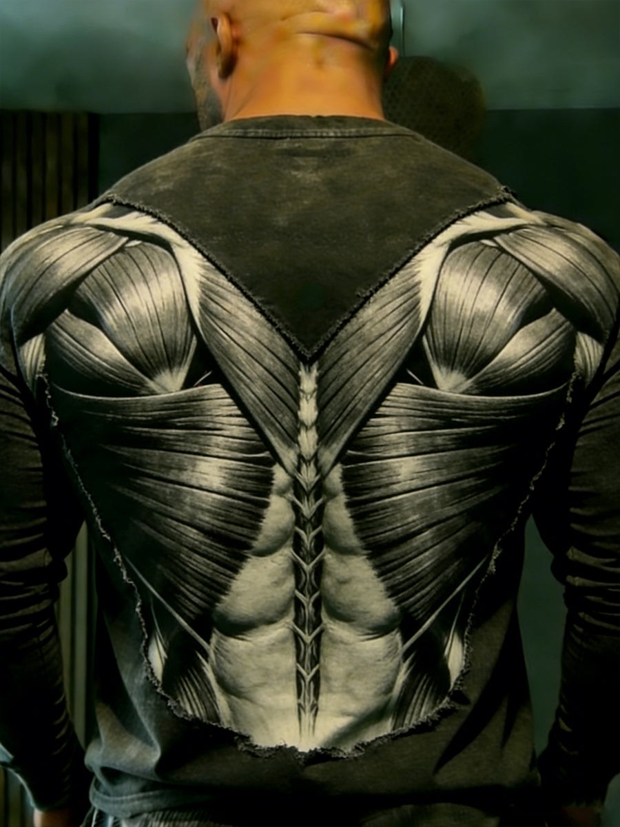 Men's Retro Strongest Man Muscle Print Casual Long-Sleeve T-Shirt