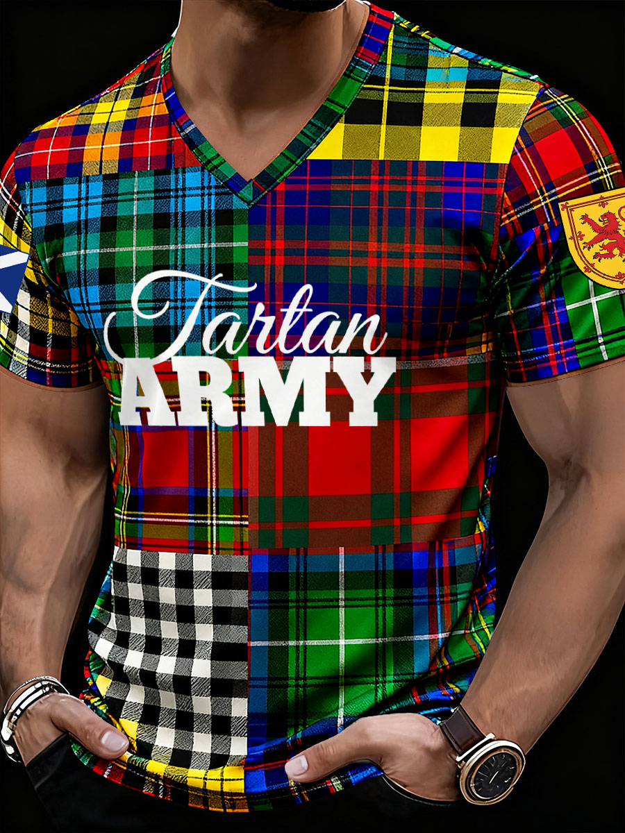 Men' Scotland Football Lover Tartan Army Printed V-neck T-shirt