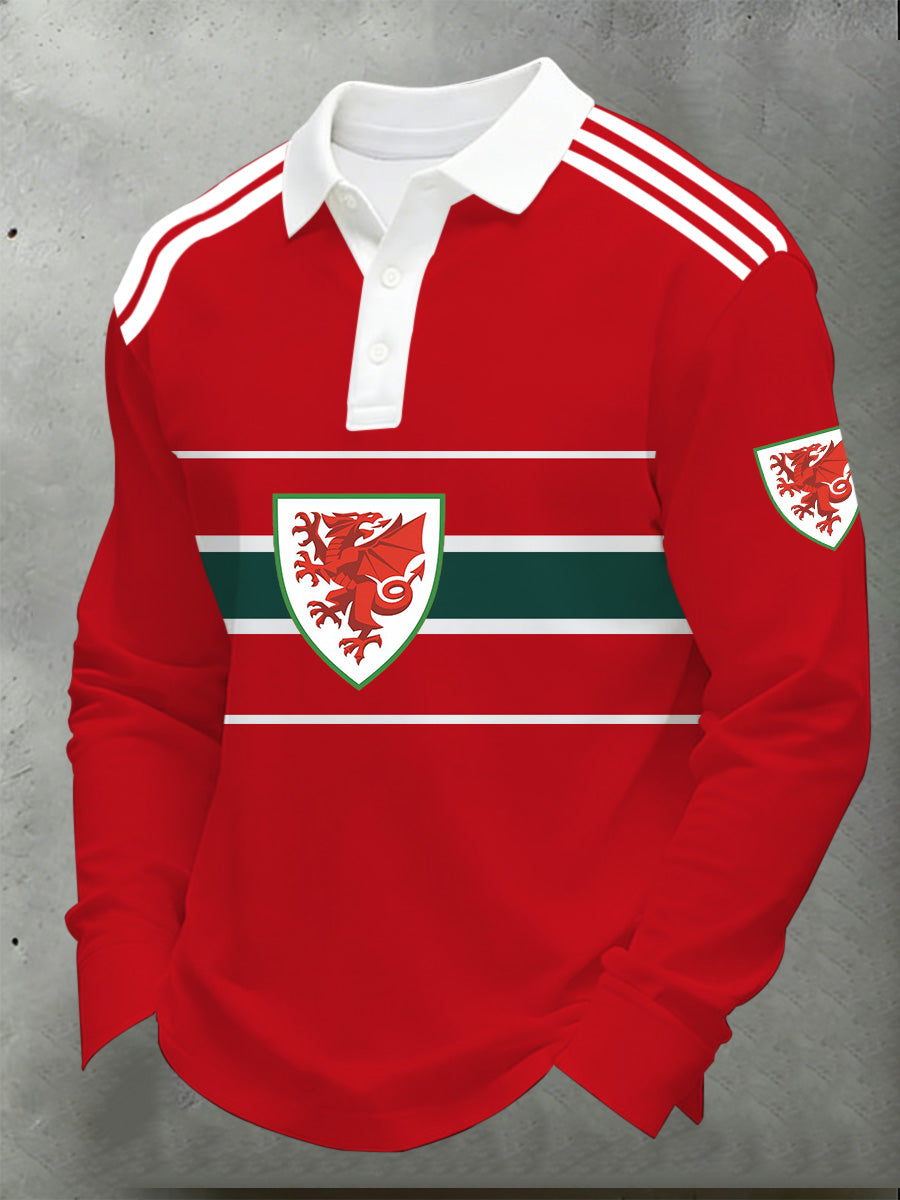 Men's Wales World Cup Football Supporter Print Long-Sleeved Polo Shirt
