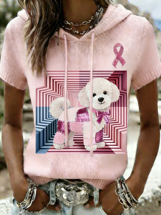 Women's   Retro Cute Dog Breast Cancer Awareness Casual Hooded T-Shirt