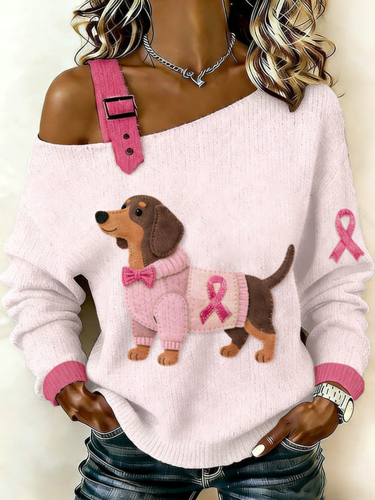 Women's   Retro Dachshund Breast Cancer Awareness Casual Knit Top
