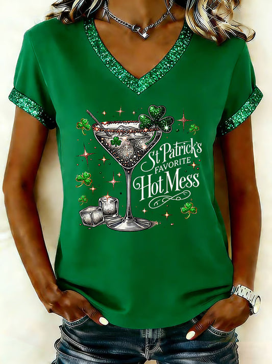 Women's St Patrick’s Hot Mess Print V Neck Short Sleeve T-shirt