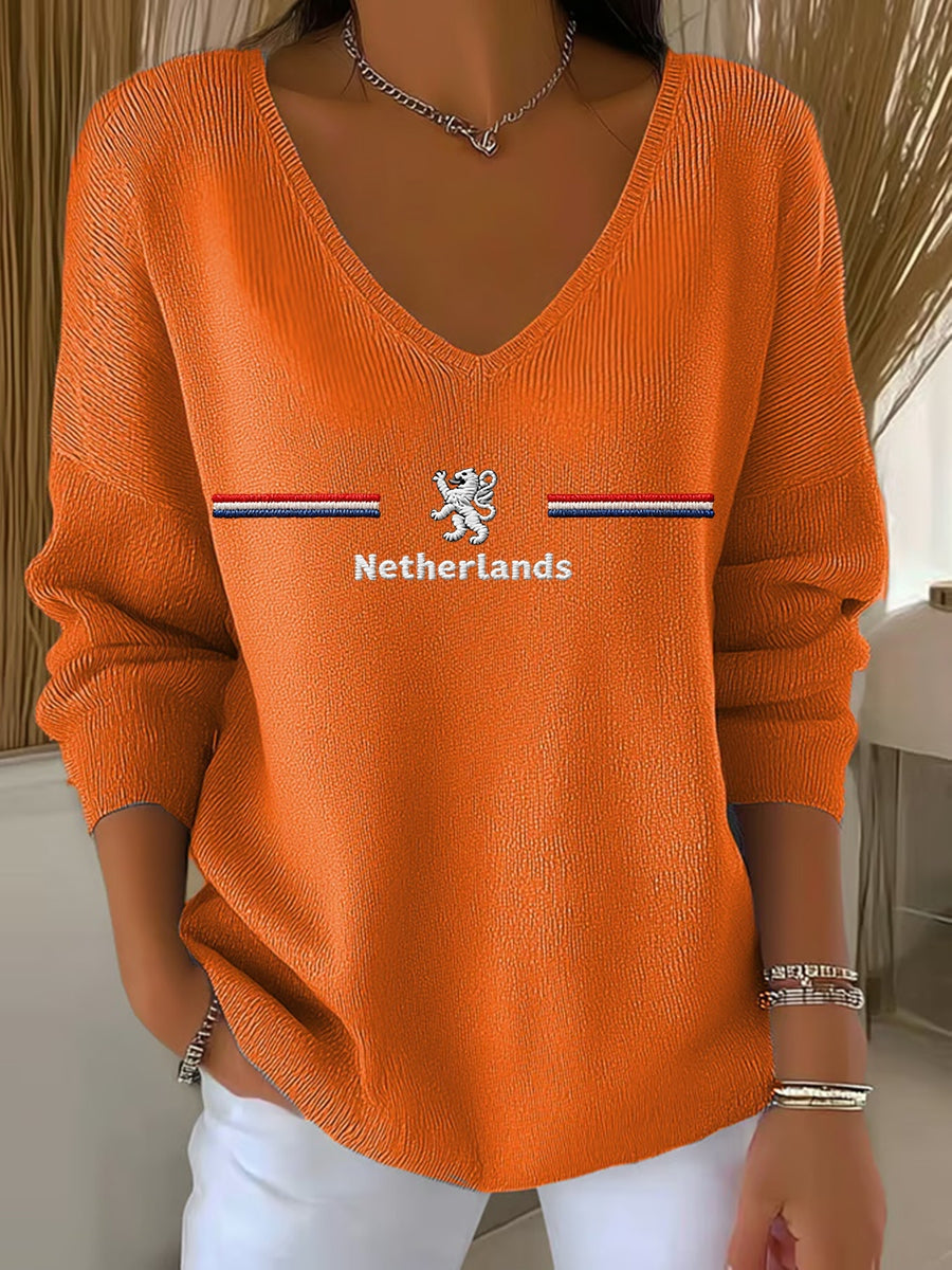 Dames Koningsdag V-hals geribbelde top
