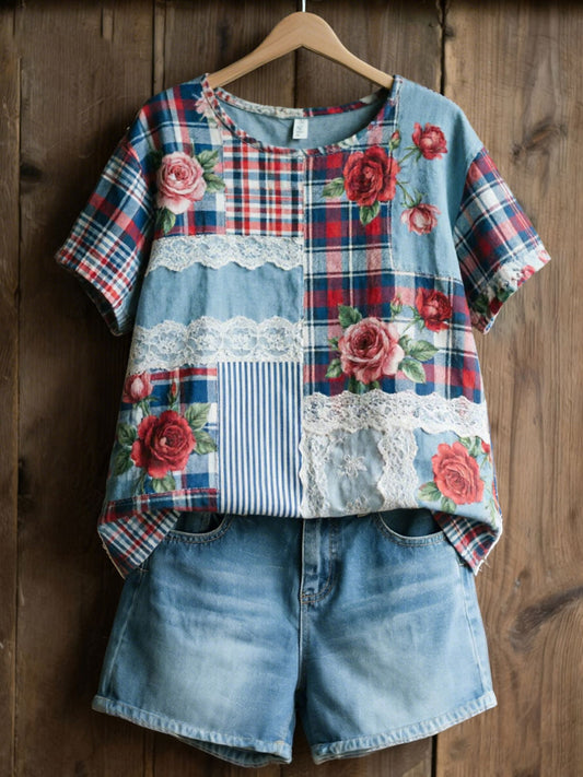 Women's Patchwork Floral Print Casual T-Shirt