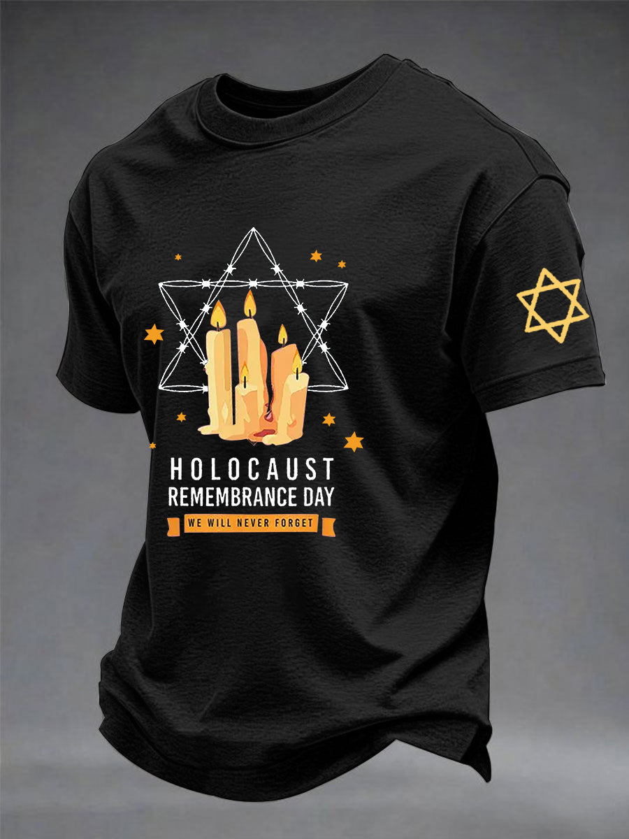 Men's Passover Memorial Candle Never Forget Jewish Remembrance Short Sleeve T-shirt