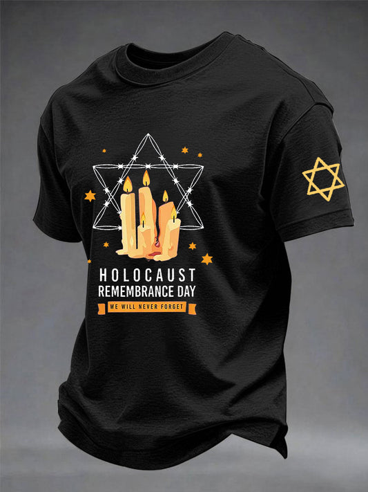 Men's Passover Memorial Candle Never Forget Jewish Remembrance Short Sleeve T-shirt