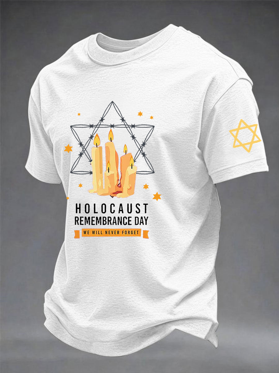 Men's Passover Memorial Candle Never Forget Jewish Remembrance Short Sleeve T-shirt
