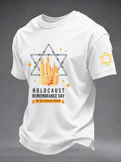 Men's Passover Memorial Candle Never Forget Jewish Remembrance Short Sleeve T-shirt