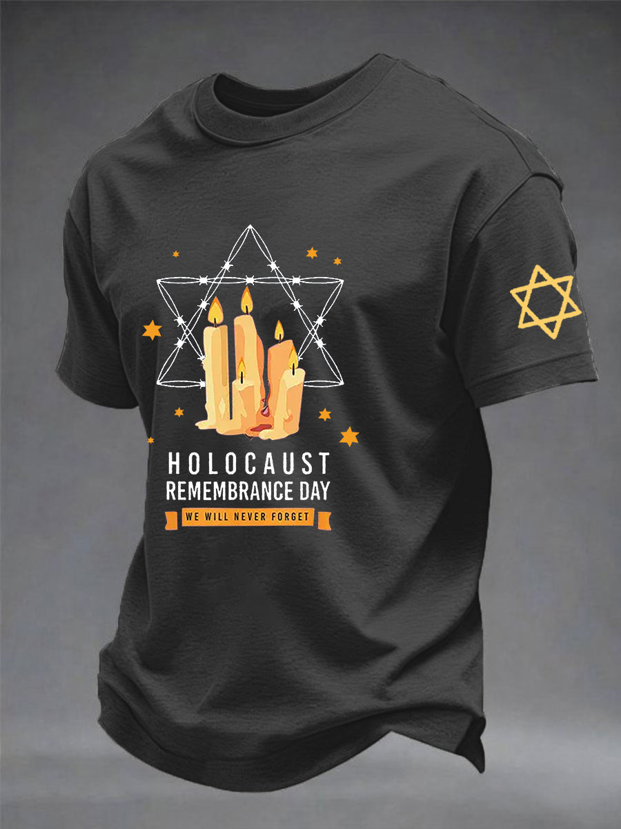 Men's Passover Memorial Candle Never Forget Jewish Remembrance Short Sleeve T-shirt