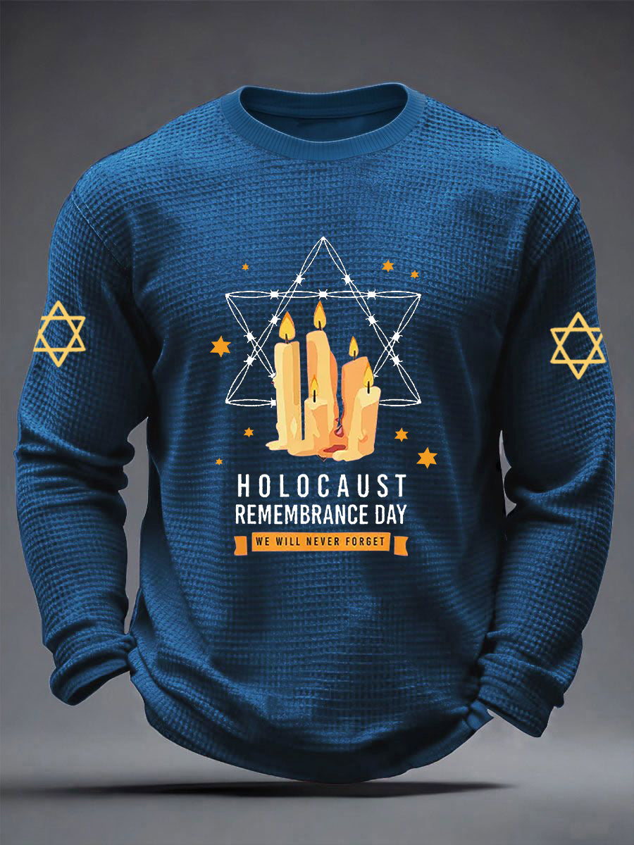 Men's Passover Memorial Candle Never Forget Jewish Remembrance Waffle Long Sleeve T-Shirt