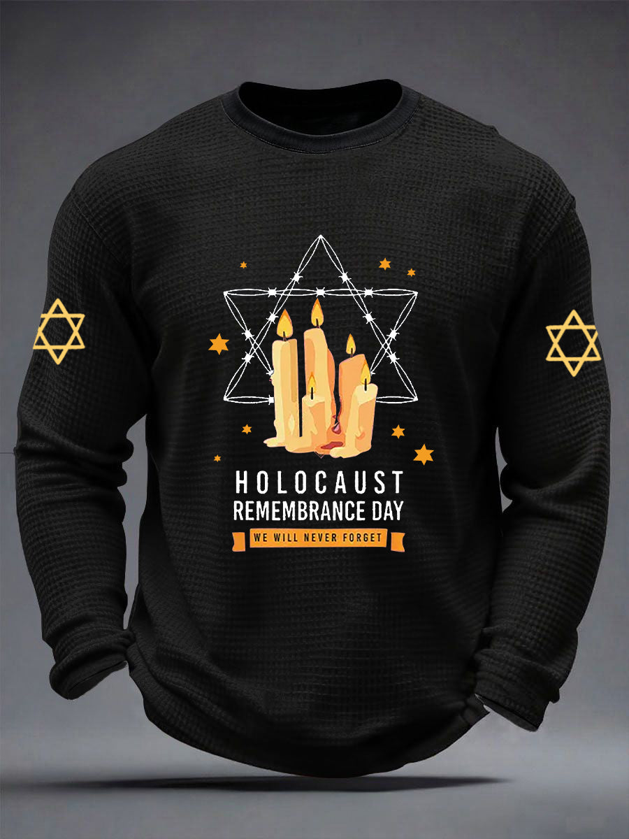 Men's Passover Memorial Candle Never Forget Jewish Remembrance Waffle Long Sleeve T-Shirt