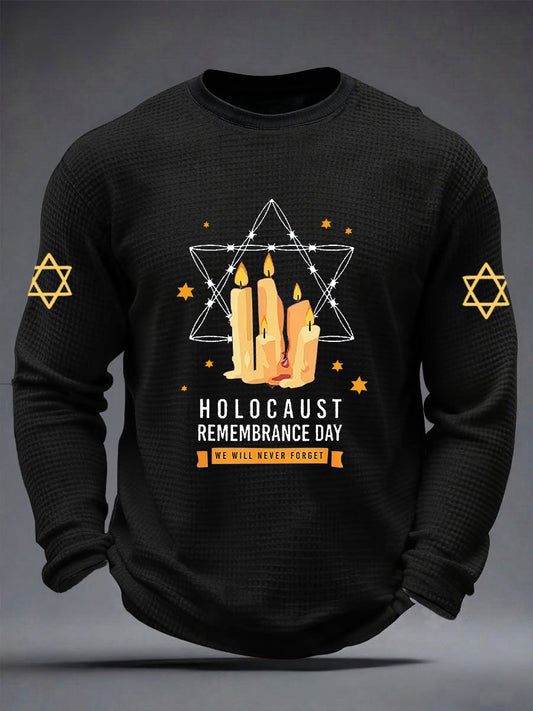 Men's Passover Memorial Candle Never Forget Jewish Remembrance Waffle Long Sleeve T-Shirt