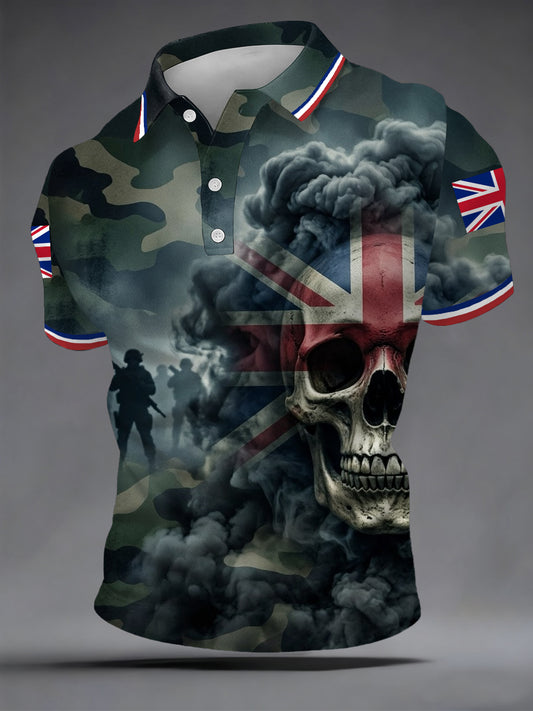Men's British Veteran Silhouette Skull Camouflage Print Casual Polo