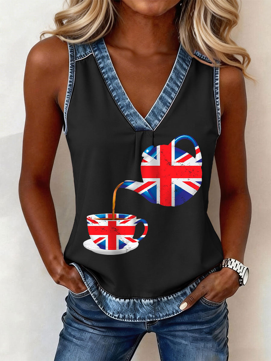 Women's British Flag A Cup of Tea V-Neck Tops