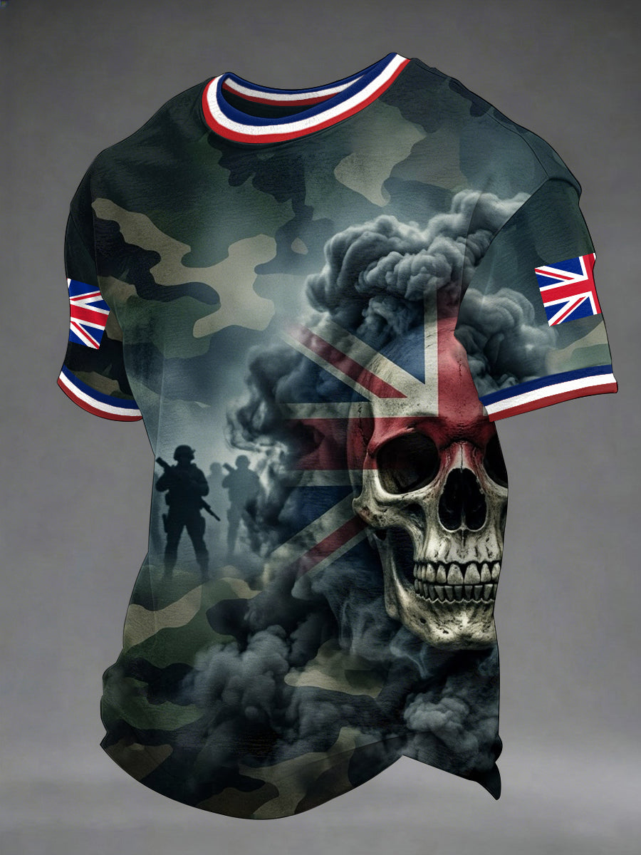 Men's British Veteran Silhouette Skull Camouflage Print Casual Tee