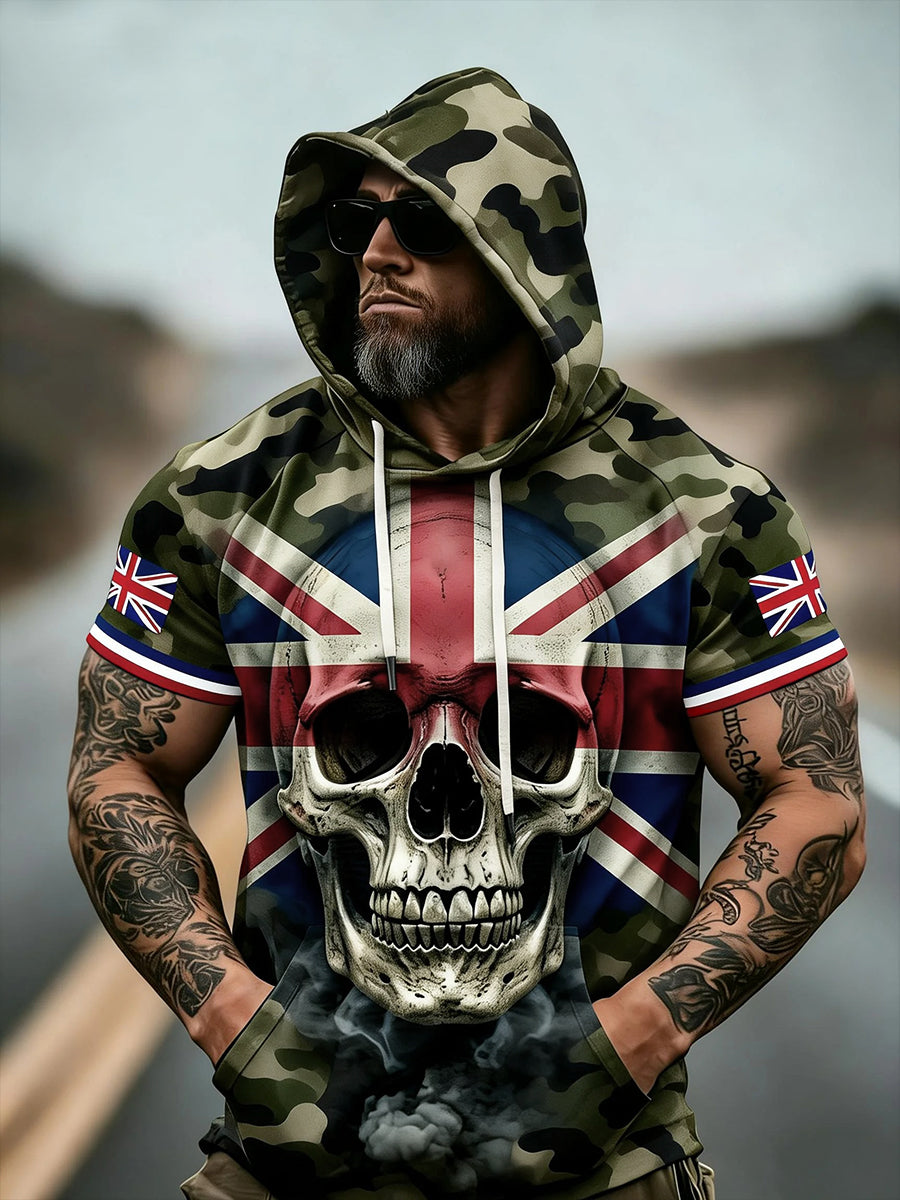 Men's British Veteran Silhouette Skull Camouflage Print Casual Short Sleeve Hoodie