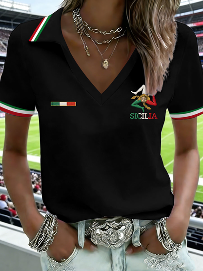 T-shirt da donna Sicilia Trinacria con scollo a V e maniche corte