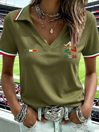 T-shirt da donna Sicilia Trinacria con scollo a V e maniche corte