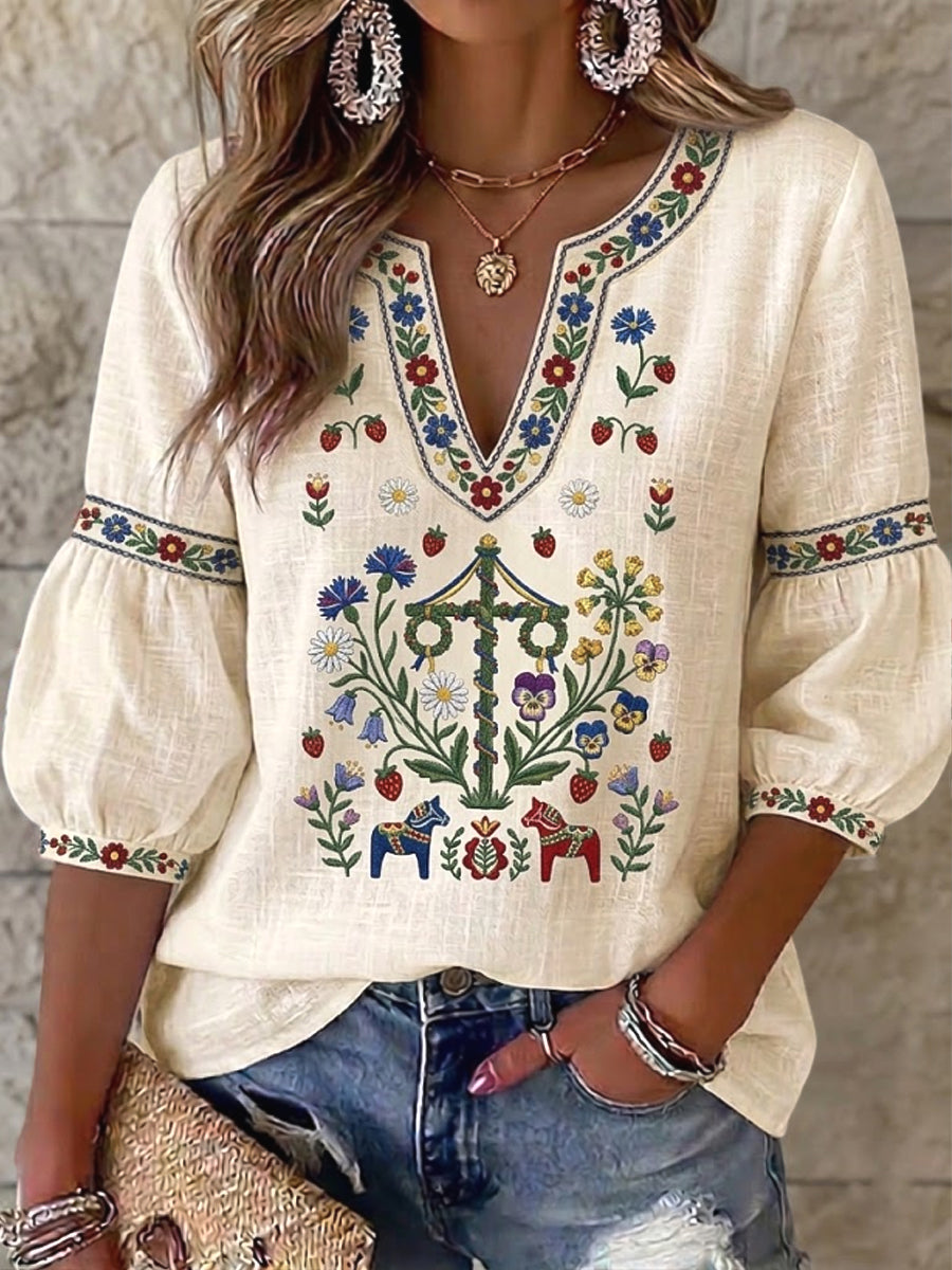 Women's Swedish Midsummer Artistic Floral Print Casual V-Neck T-Shirt