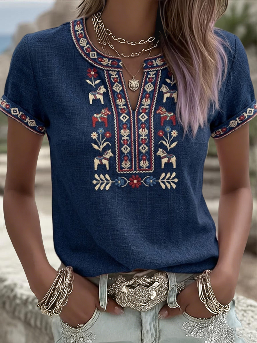 Women's Retro Swedish Midsummer Floral Patchwork Casual T-Shirt