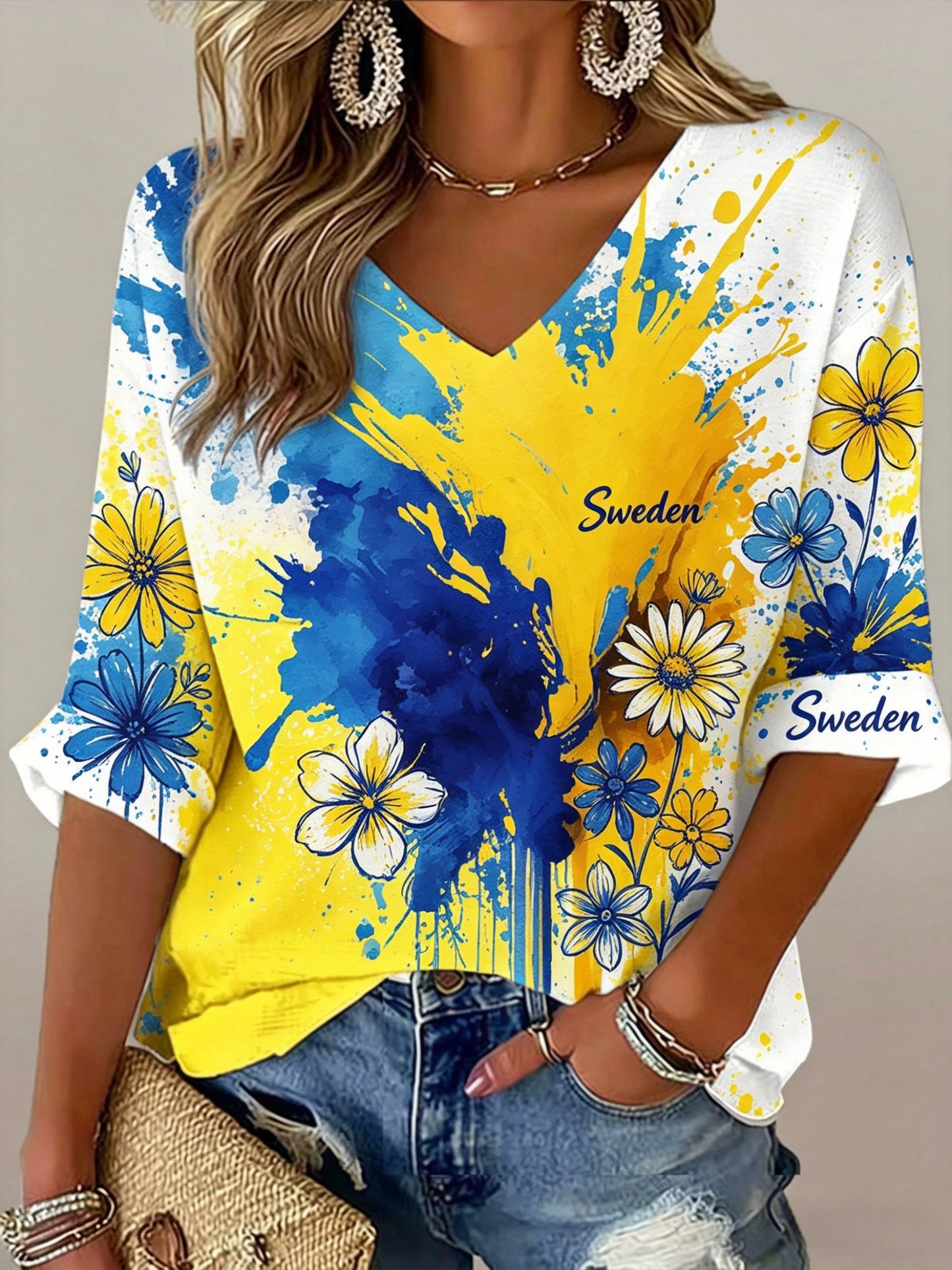 Women's Swedish Midsummer Festival Commemorative Art Print V-Neck T-Shirt